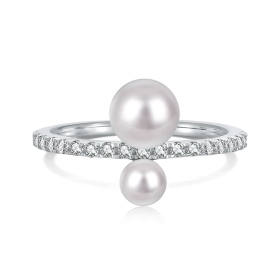 S925纯银白色珍珠一大一小圆锆镶嵌简约设计戒指