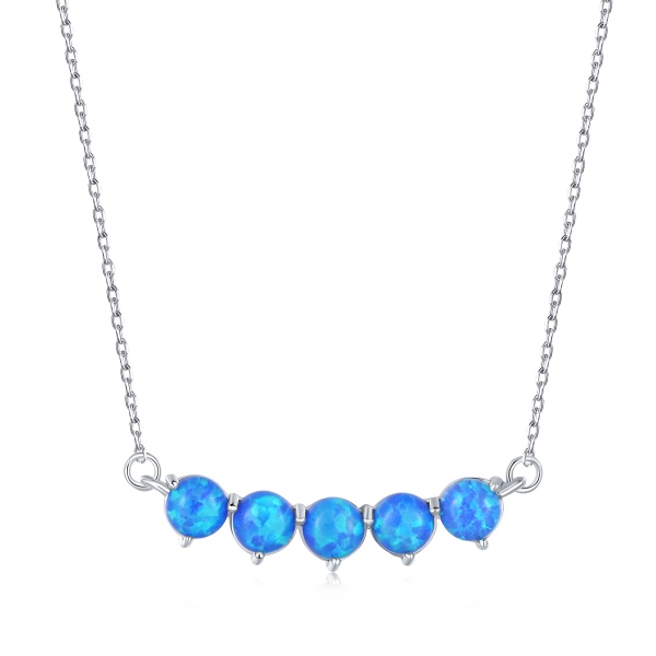 S925纯银蓝色圆形澳宝石5颗排列横条一字吊坠简约设计项链