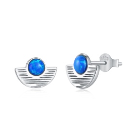 S925纯银蓝色圆形合成澳宝石半圆造型简约设计耳钉