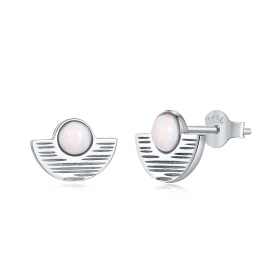 S925纯银白色圆形合成澳宝石半圆造型简约设计耳钉