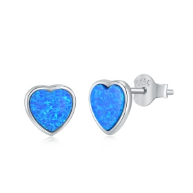 S925纯银蓝色心形合成澳宝石爱心形状简约设计耳钉