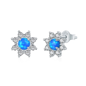 S925纯银蓝色合成澳宝石白色圆锆微镶太阳花造型耳钉