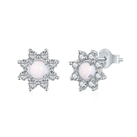 S925纯银白色合成澳宝石白色圆锆微镶太阳花造型耳钉