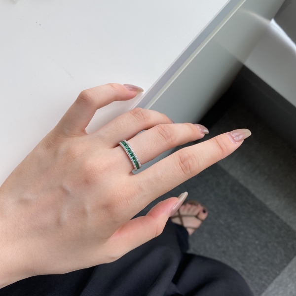 S925纯银绿色正方形锆石白色圆锆小碎钻镶嵌满钻戒指