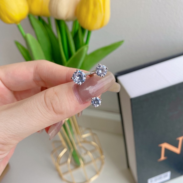 S925纯银镶钻圆形圆锆大小眼表情闪耀精致开口戒指