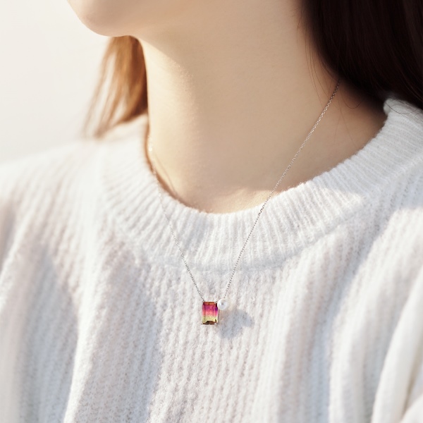 S925纯银紫色黄色渐变长方形合成锆石白色珍珠吊坠简约设计项链