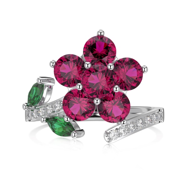 「漫野 Flower Field 系列 」银S925玫红色白色圆形圆锆绿色马眼石镶嵌花朵设计小众时尚精致可爱戒指