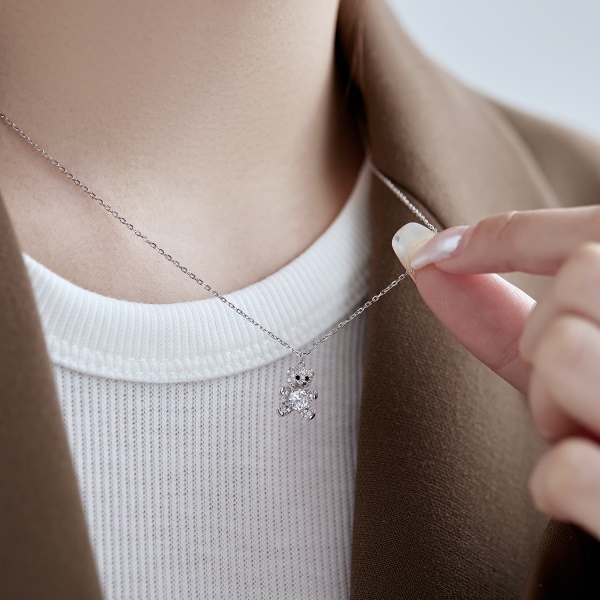 S925纯银熊熊满钻单钻锁骨项链跨境5A锆石时尚百搭