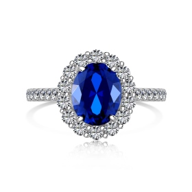 「莹光 Dazzling系列」 S925纯银蓝色椭圆形锆石白色圆锆镶嵌婚礼简约设计高级感戒指