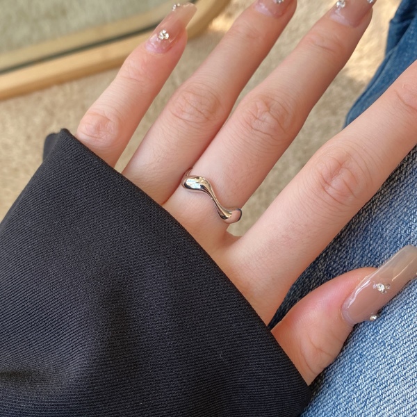 「雅致 Elegance系列」S925纯银韩式戒指女时尚不规则波浪纹光面开口戒指小众感指环