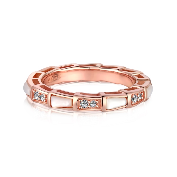 「梵雅 Graceful 系列」 S92银白色圆锆梯形白贝母镶嵌几何形层次小众设计戒指