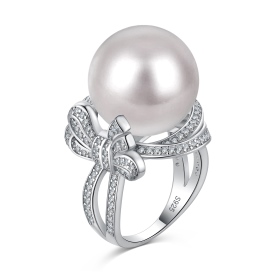 S925纯银贝珠白色珍珠蝴蝶结造型白色圆锆微镶设计简约设计戒指