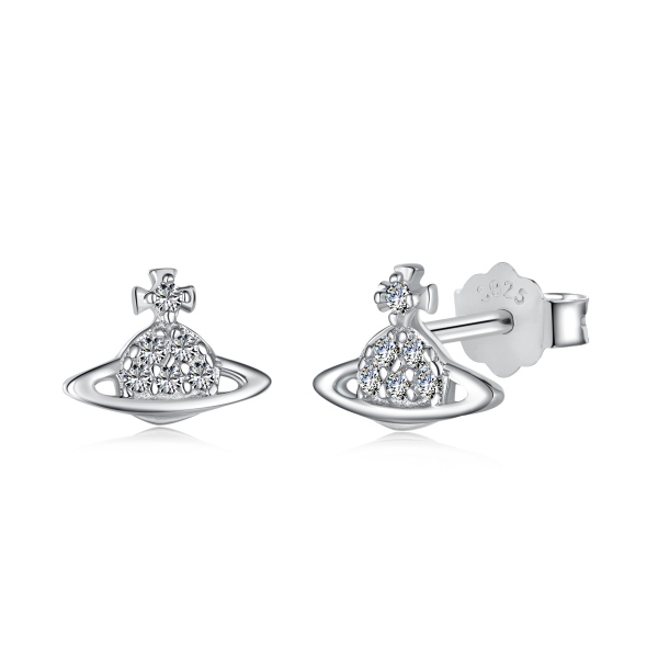 S925纯银白色圆锆镶钻小土星星球耳骨时尚简约小耳饰耳钉