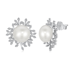 「星珠 Star Pearl系列」S925纯银白色珍珠淡水珍珠白色圆锆镶嵌雪花树枝简约设计优雅小巧耳钉