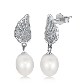 「星珠 Star Pearl系列」S925纯银白色淡水珍珠白色圆锆镶嵌翅膀造型简约设计优雅小巧耳钉