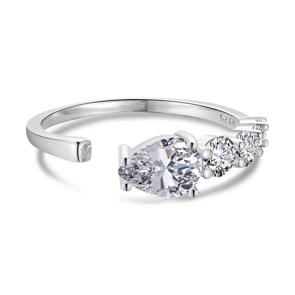 「莹光 Dazzling系列」S925纯银白色梨形水滴锆石白色圆锆镶嵌蛇形设计开口可调节简约高级戒指