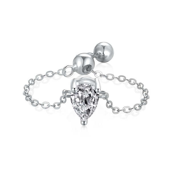 「浮光 Floating系列」S925纯银白色梨形水滴形锆石链条指环圆珠可调节大小指环链简约设计高级小众伸缩戒指