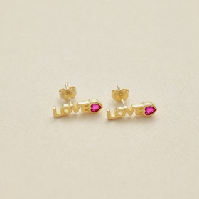 S925纯银爱心心形红刚玉LOVE节日款跨境18K时尚百搭耳钉