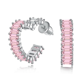「莹光 Dazzling系列」S925纯银粉色长方形锆石满钻镶嵌心形爱心镂空设计小众高级感耳环