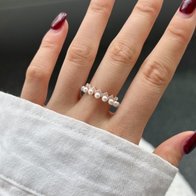 S925纯银白色珍珠贝珠白色圆锆镶嵌小众时尚气质戒指