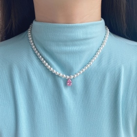 S925纯银粉色梨形水滴锆石白贝珠小众设计时尚优雅大气芭比珍珠项链梦幻芭比
