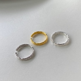 韩版S925纯银戒指不规则凹凸面金箔开口细戒指女个性银指环
