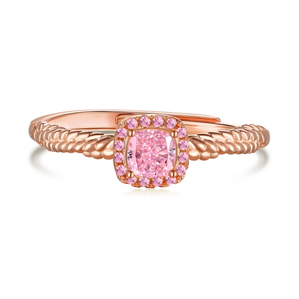 「莹光 Dazzling系列」S925纯银黄色肥方形冰花切锆石粉色小圆锆镶嵌精致小巧时尚麻花交叉戒圈开口可调节爆闪小方糖戒指