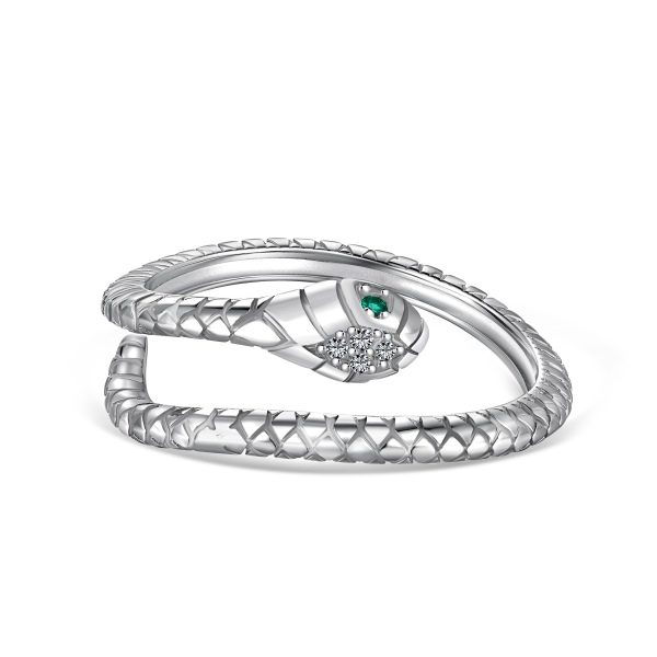 「格调 Stylish 系列」S925纯银白色绿色圆锆镶嵌蛇头蛇形小众设时尚高级感开口纹路可调节戒指