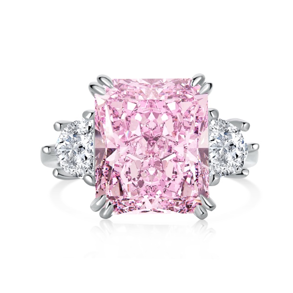 S925纯银白色粉色长方形锆石冰花切雷迪恩五边形多边形锆石镶嵌简约设计戒指