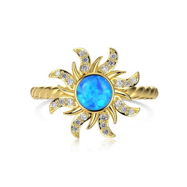 「澳宝 Opal Collection 系列 」银S925蓝色合成澳宝石白色圆锆线圈太阳花设计小众时尚戒指