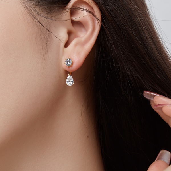 「浮光 Floating系列」S925纯银白色圆锆水滴梨形锆石镶嵌拼接设计简约高级风耳环