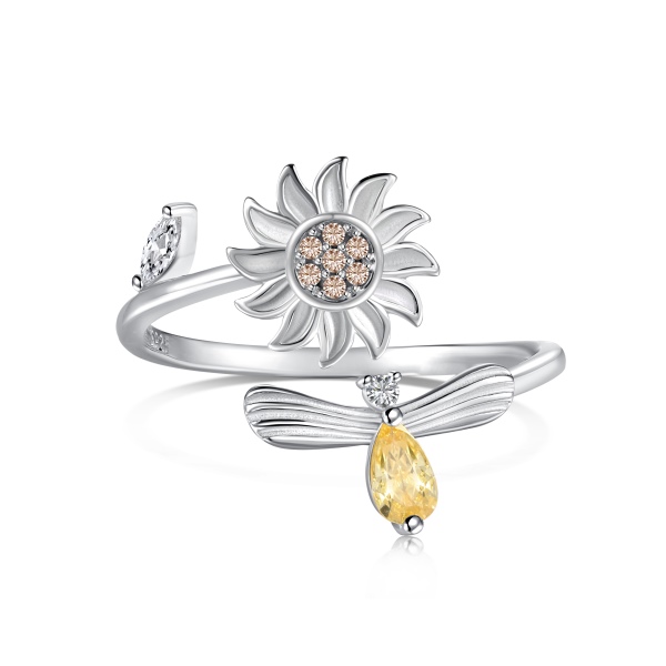 「解压戒-Anxiety Ring系列」S925纯银跨境爆款黄色梨形水滴太阳花可旋转可转动蜜蜂戒指镶钻简约百搭流行抗压开口可调节指环