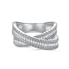 「曦光 Daybreak 系列」S925纯银白色圆锆梯方石镶嵌交叉设计小众时尚高级感戒指