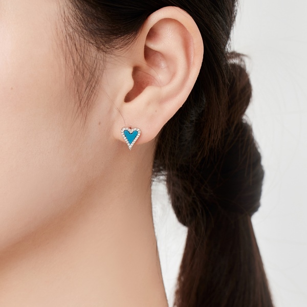 「凛冽 Ice Aura 系列」银S925绿松石心形白色圆锆镶嵌爱心设计时尚精致小巧设计耳钉套装