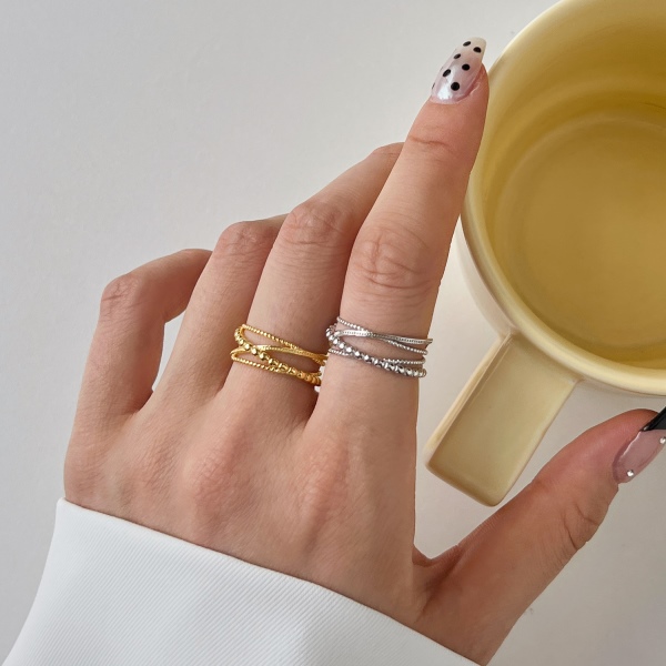 「灰序 Preface 系列」S925纯银韩版线条多层交叉麻花编织时尚设计开口戒指