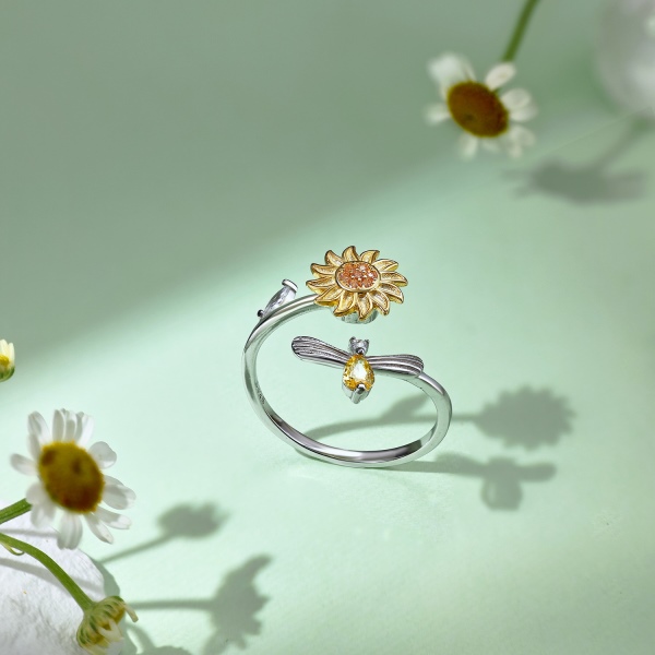 「解压戒-Anxiety Ring系列」S925纯银跨境爆款黄色梨形水滴太阳花可旋转可转动蜜蜂戒指镶钻简约百搭流行抗压开口可调节指环