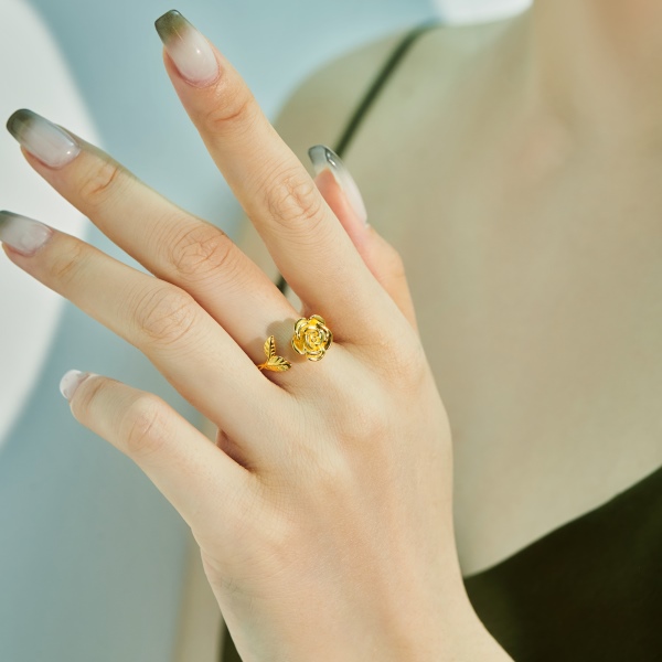 「解压戒-Anxiety Ring系列」S925纯银玫瑰花叶子小众设计花朵可转动可旋转解压时尚开口可调节戒指