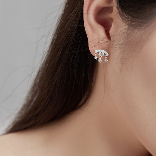 「浮光 Floating系列」S925纯银白色圆锆镶嵌眼睛造型镂空设计圆锆小吊坠精致小巧耳钉