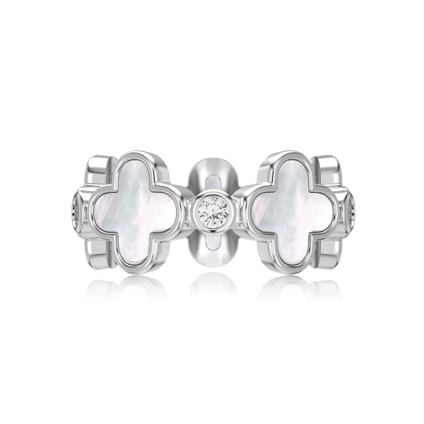 「漫野 Flower Field 系列 」银S925白色圆锆白贝母白贝壳四叶草造型小众时尚简约百搭戒指