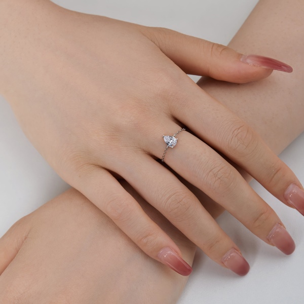 「浮光 Floating系列」S925纯银白色梨形水滴形锆石链条指环圆珠可调节大小指环链简约设计高级小众伸缩戒指