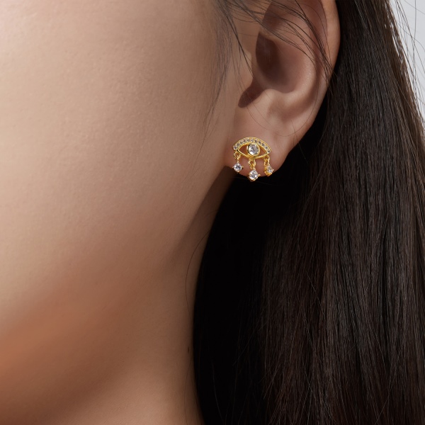 「浮光 Floating系列」S925纯银白色圆锆镶嵌眼睛造型镂空设计圆锆小吊坠精致小巧耳钉