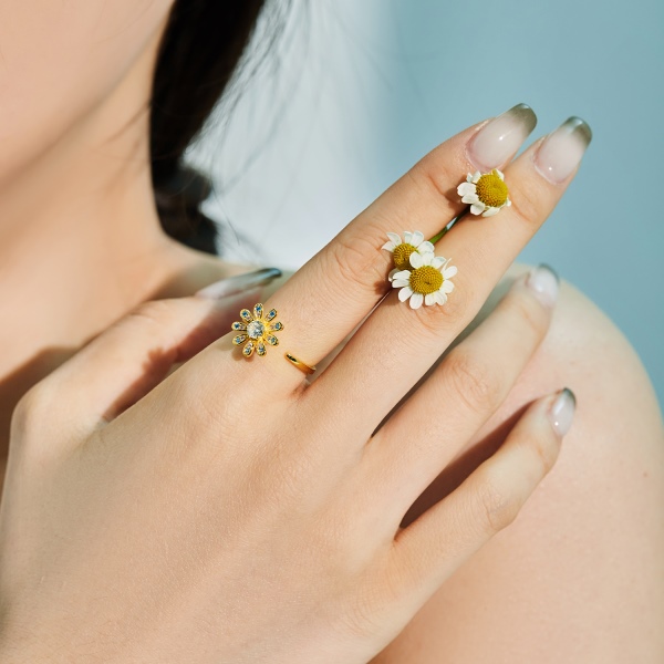 「解压戒-Anxiety Ring系列」S935纯银白色圆锆蓝色粉色小石镶嵌花朵太阳花造型可转动可旋转解压简约设计小众时尚开口可调节戒指