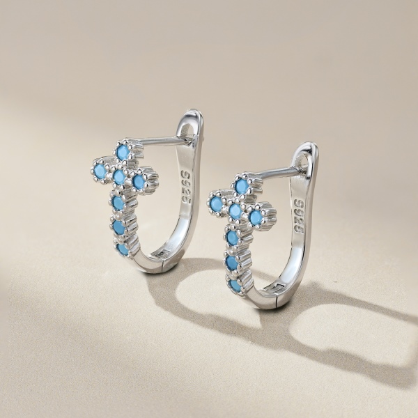 「星点·Star Point 系列」S925纯银绿松石圆形蓝色小巧十字架英国扣小众设计时尚耳扣耳环