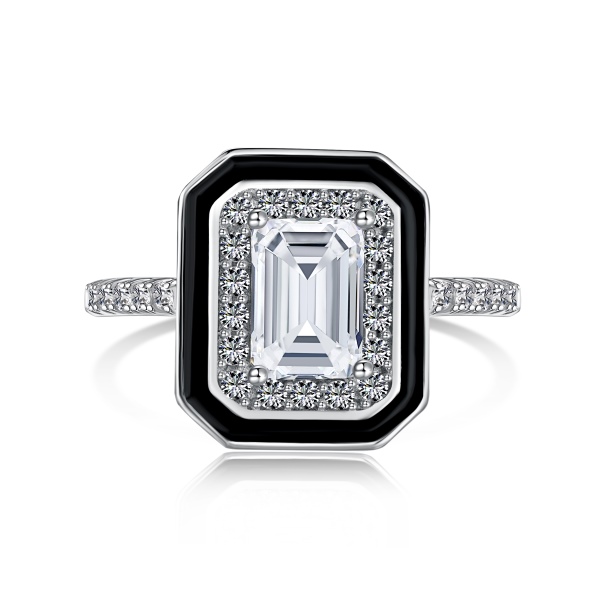 「原点 Origin 系列」S925纯银白色长方形圆锆镶嵌滴胶黑油设计小众ins时尚戒指