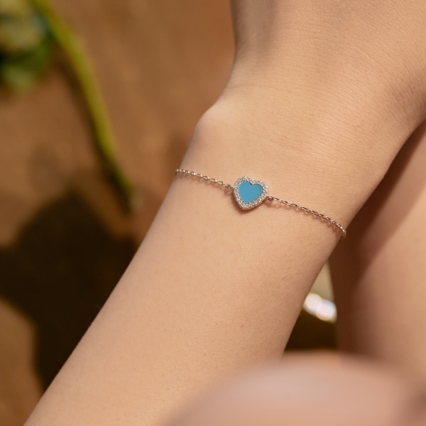「格调 Stylish 系列」S925纯银白色圆锆镶嵌心形爱心蓝色玛瑙小众设计简约时尚手链
