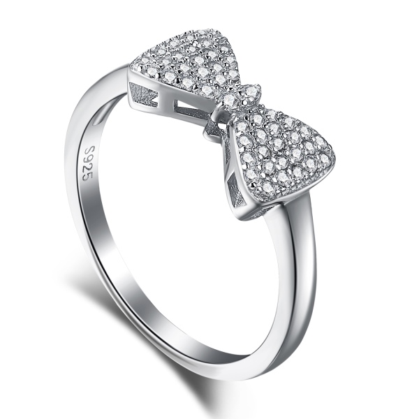 跨境爆款S925纯银戒指甜美蝴蝶结镶嵌满钻小圆锆闭口精致小巧戒指