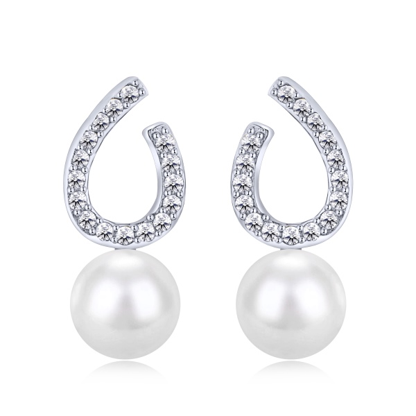 S925纯银5A锆石U形不规则单颗淡水珍珠跨境精致轻奢风耳钉